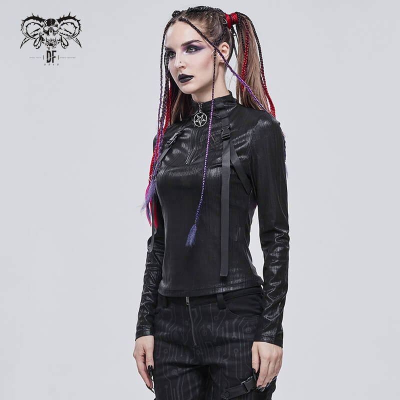 Punk Women's Stand Collar Long Sleeve Top with Belt / Stunning Black Tops Zip With Metal Pentagram - HARD'N'HEAVY