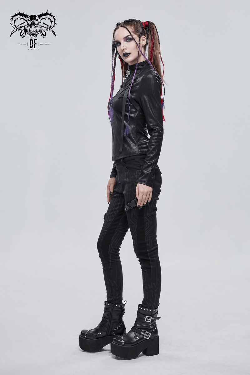 Punk Women's Stand Collar Long Sleeve Top with Belt / Stunning Black Tops Zip With Metal Pentagram - HARD'N'HEAVY