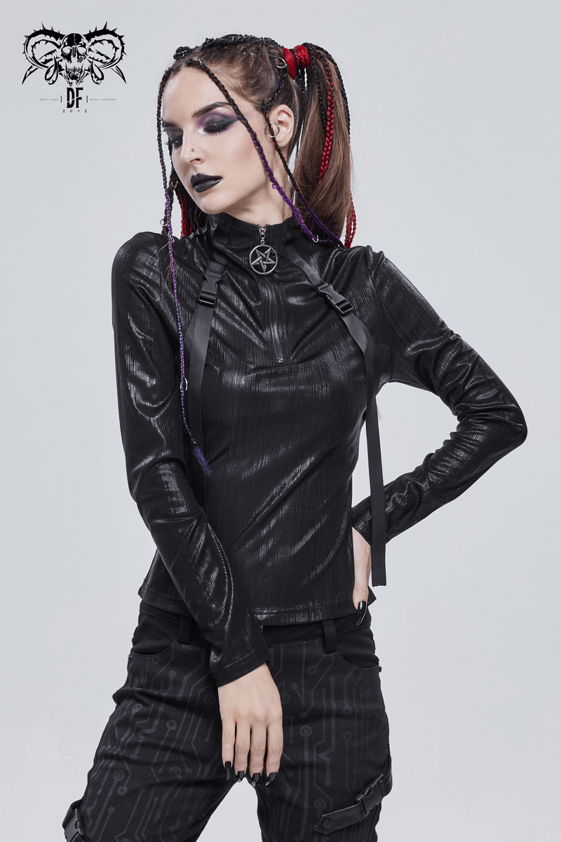 Punk Women's Stand Collar Long Sleeve Top with Belt / Stunning Black Tops Zip With Metal Pentagram - HARD'N'HEAVY