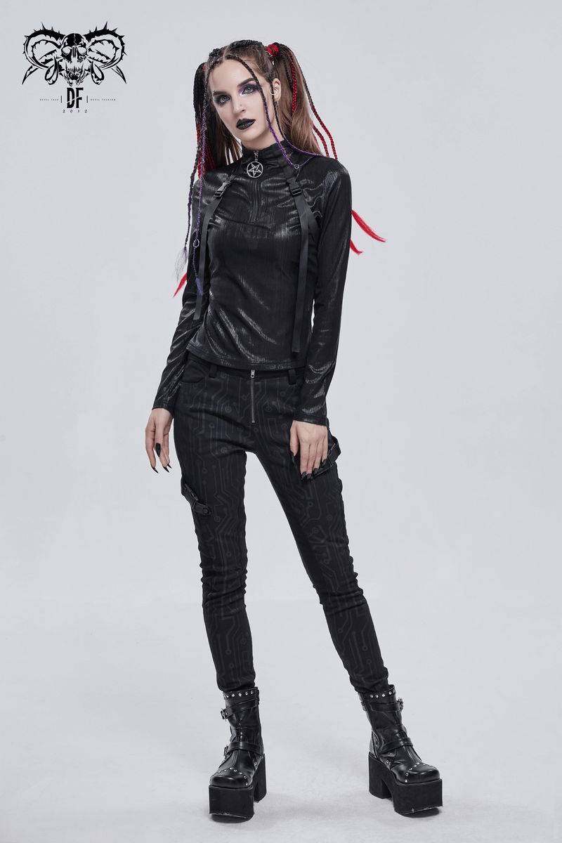 Punk Women's Stand Collar Long Sleeve Top with Belt / Stunning Black Tops Zip With Metal Pentagram - HARD'N'HEAVY