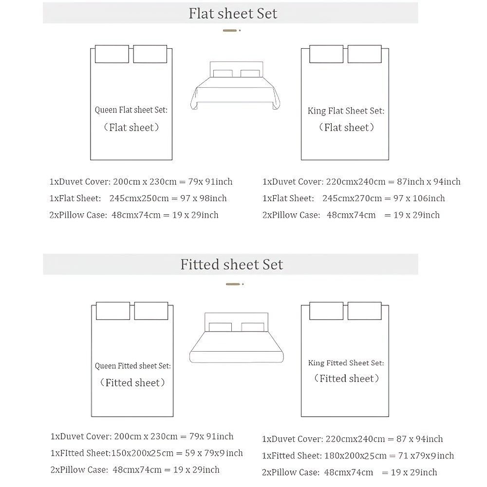 Flat and fitted sheet set dimensions for Purple Egyptian Cotton Jacquard Satin Bedding Set.