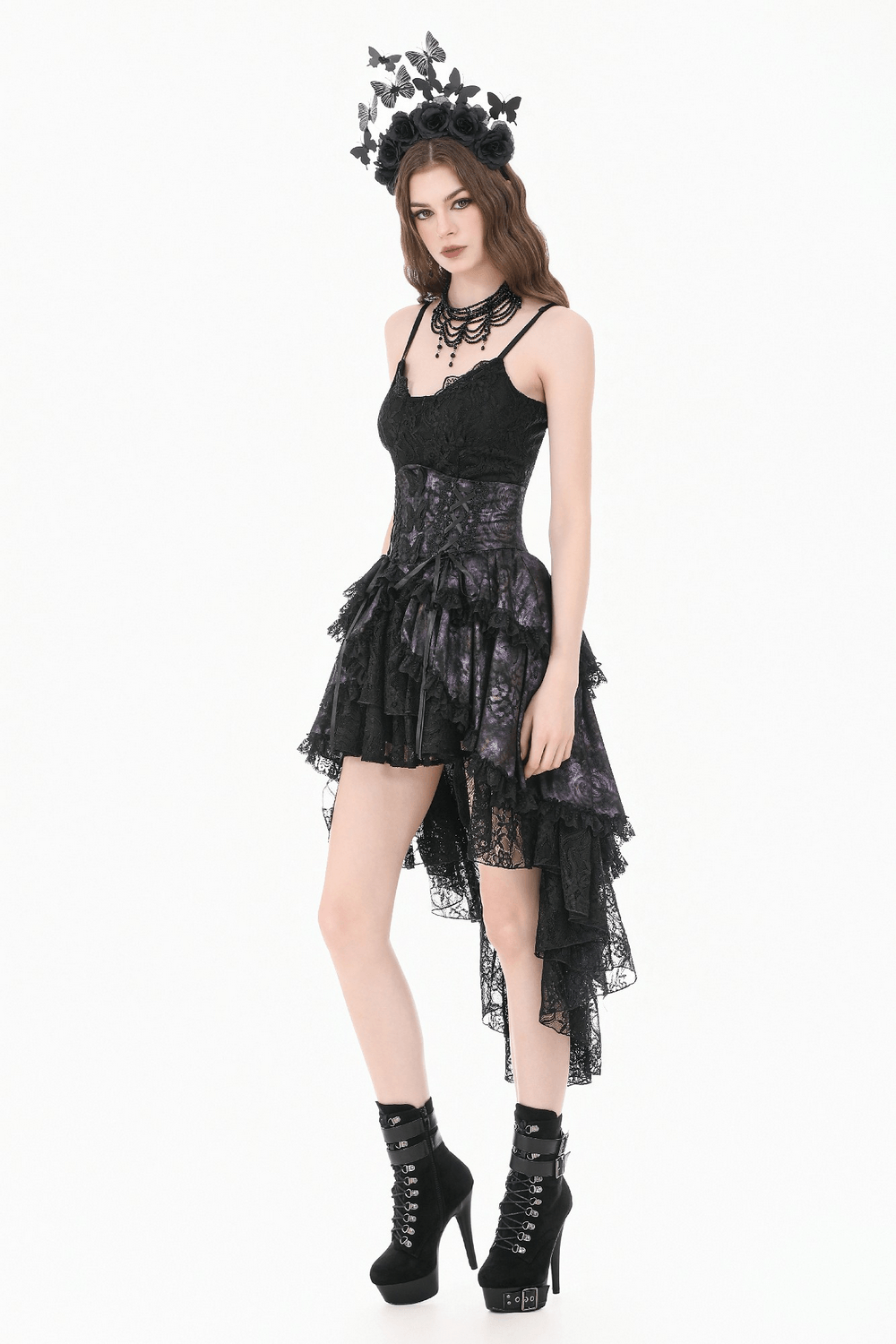 Purple Gothic High Low Bustle Skirt with Lace Trim - elegant asymmetrical ruffle skirt styled with lace and corset details.