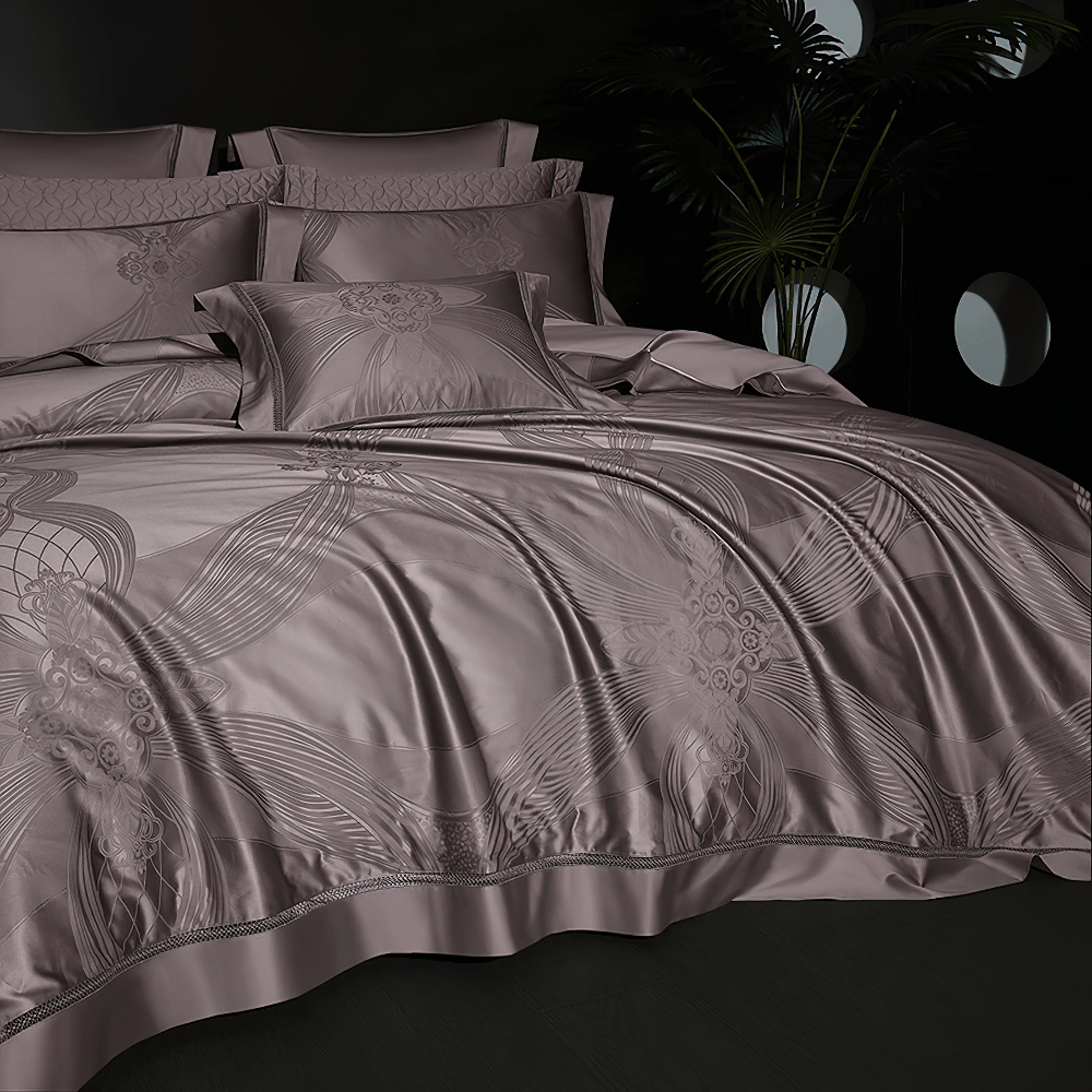 Refined Egyptian Cotton Jacquard Duvet Cover Bedding Set in dark taupe with elegant floral design and silky sheen.