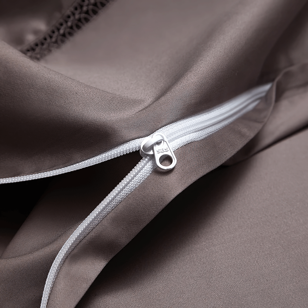 Refined Egyptian Cotton Jacquard Duvet Cover Bedding Set featuring a smooth zipper closure on taupe fabric.