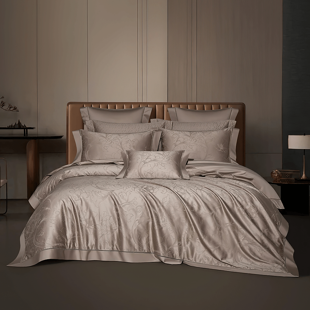 Refined Egyptian Cotton Jacquard Duvet Cover Bedding Set in dark taupe on a stylish bed with decorative pillows.