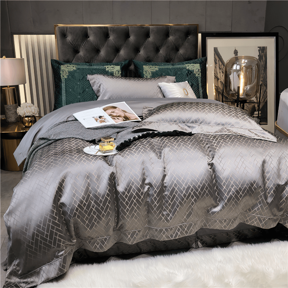 Refined Jacquard Egyptian Cotton Bedding Set with Chic Edge displayed on a luxurious bed with geometric patterns.