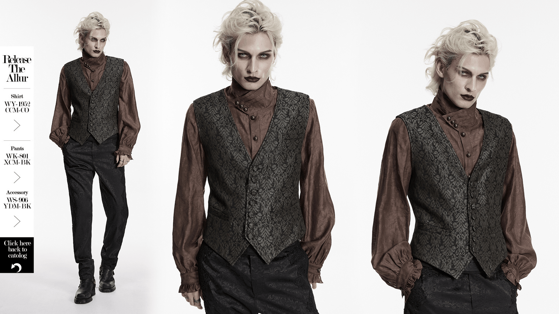 Retro Jacquard Waistcoat Vest with Deep V-Neck shown in gothic style outfit with vintage tailored aesthetic.