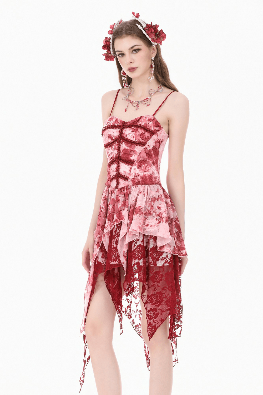 Romantic Gothic Lace Dress with Asymmetric Handkerchief Hem showcasing a fitted smocked bodice and lace panels.