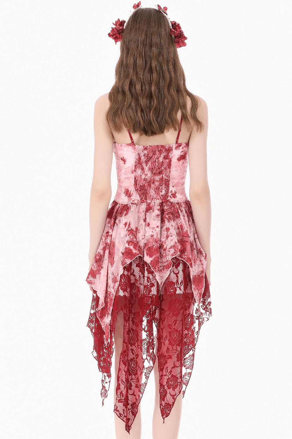 Romantic Gothic Lace Dress with Asymmetric Handkerchief Hem back view showcasing floral fabric and lace panels.