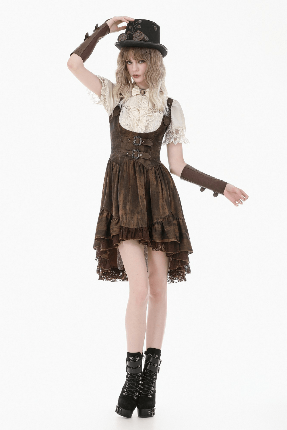Romantic Victorian Lolita Blouse with Lace and Puff Sleeves. Model wearing dark steampunk outfit with lace and ruffles.