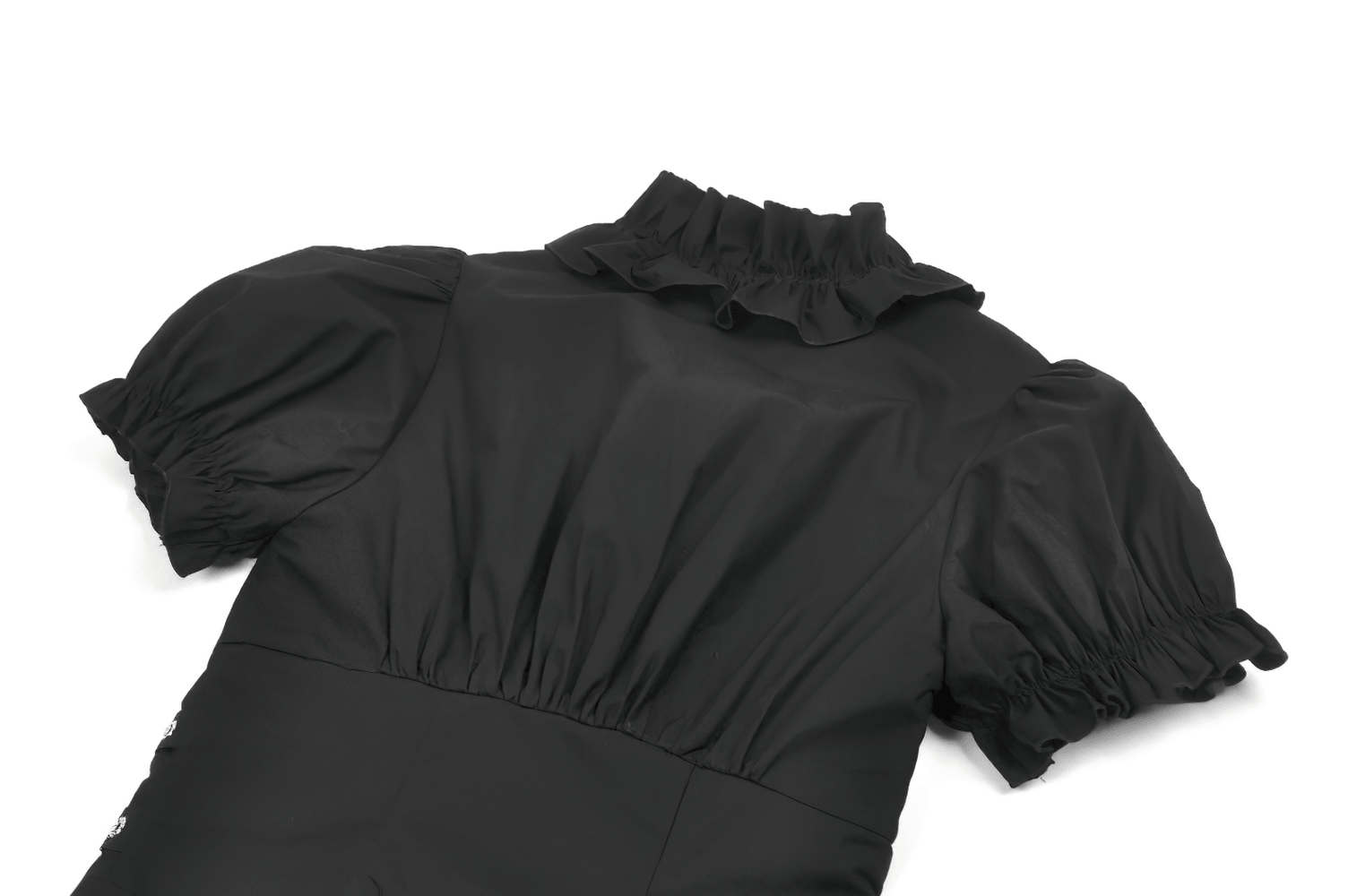 Ruffle Zip Crop Top with Buckle Straps for Women featuring puff sleeves and ruffled neckline in black.