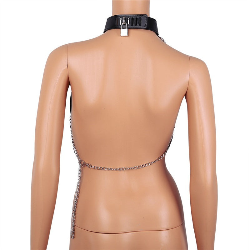 Back view of women's sexy Gothic chest harness with chains, perfect for alternative fashion.