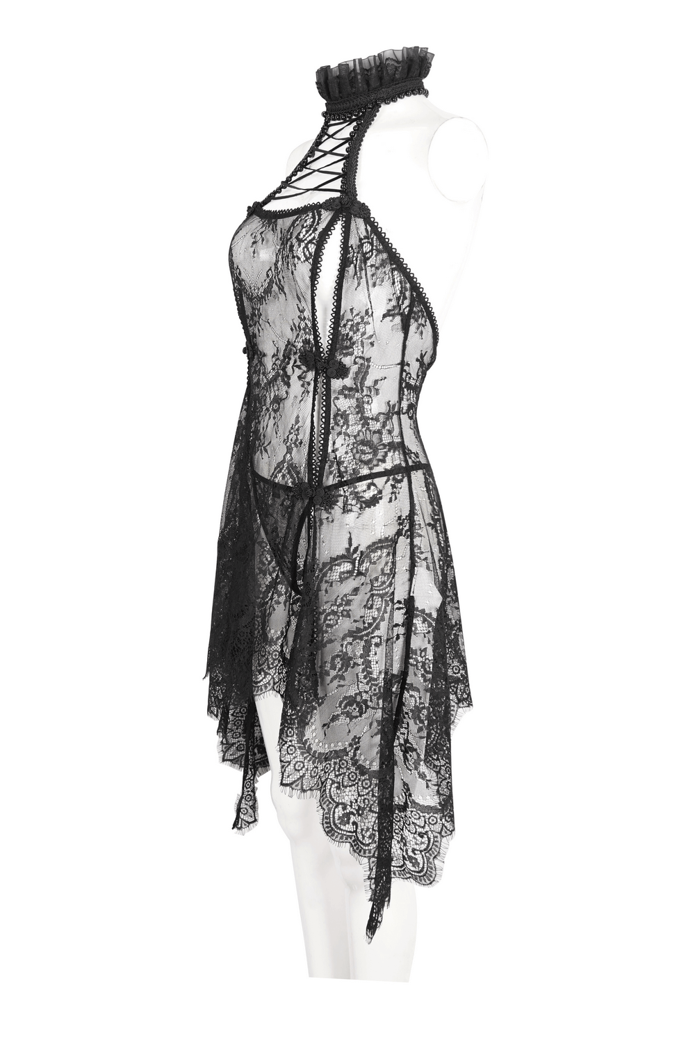 Alluring black lace backless lingerie with irregular hem and halter neck design for seductive looks.