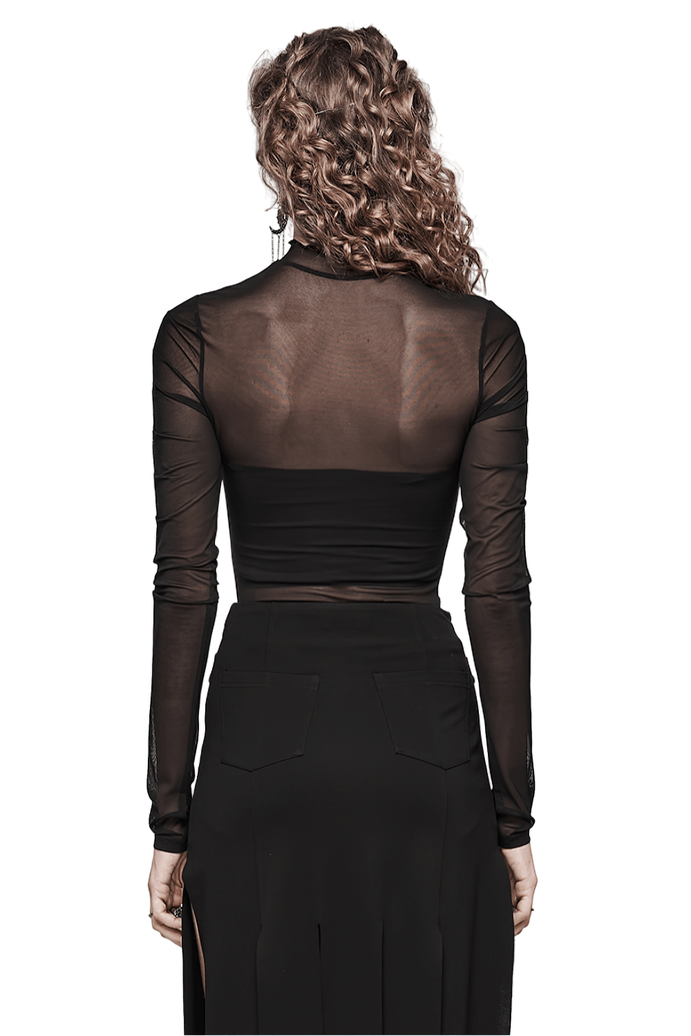 Back view of a sheer black mesh long-sleeved top, highlighting its elegant sheer design and stylish silhouette.