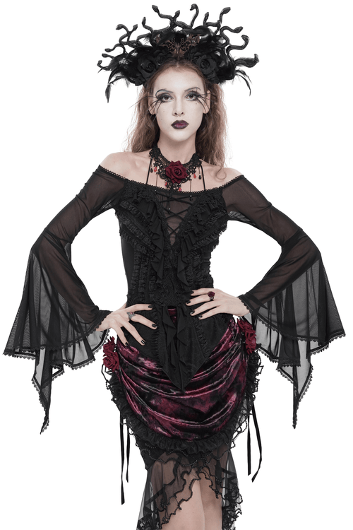 Sheer Off-Shoulder Ruffled Mesh Top with Bell Sleeves