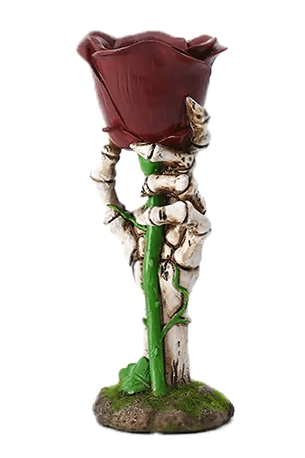 Skeleton Hand Rose Candle Holder for Gothic Decor, a bone claw gripping a red rose cup for dark ritual ambiance.