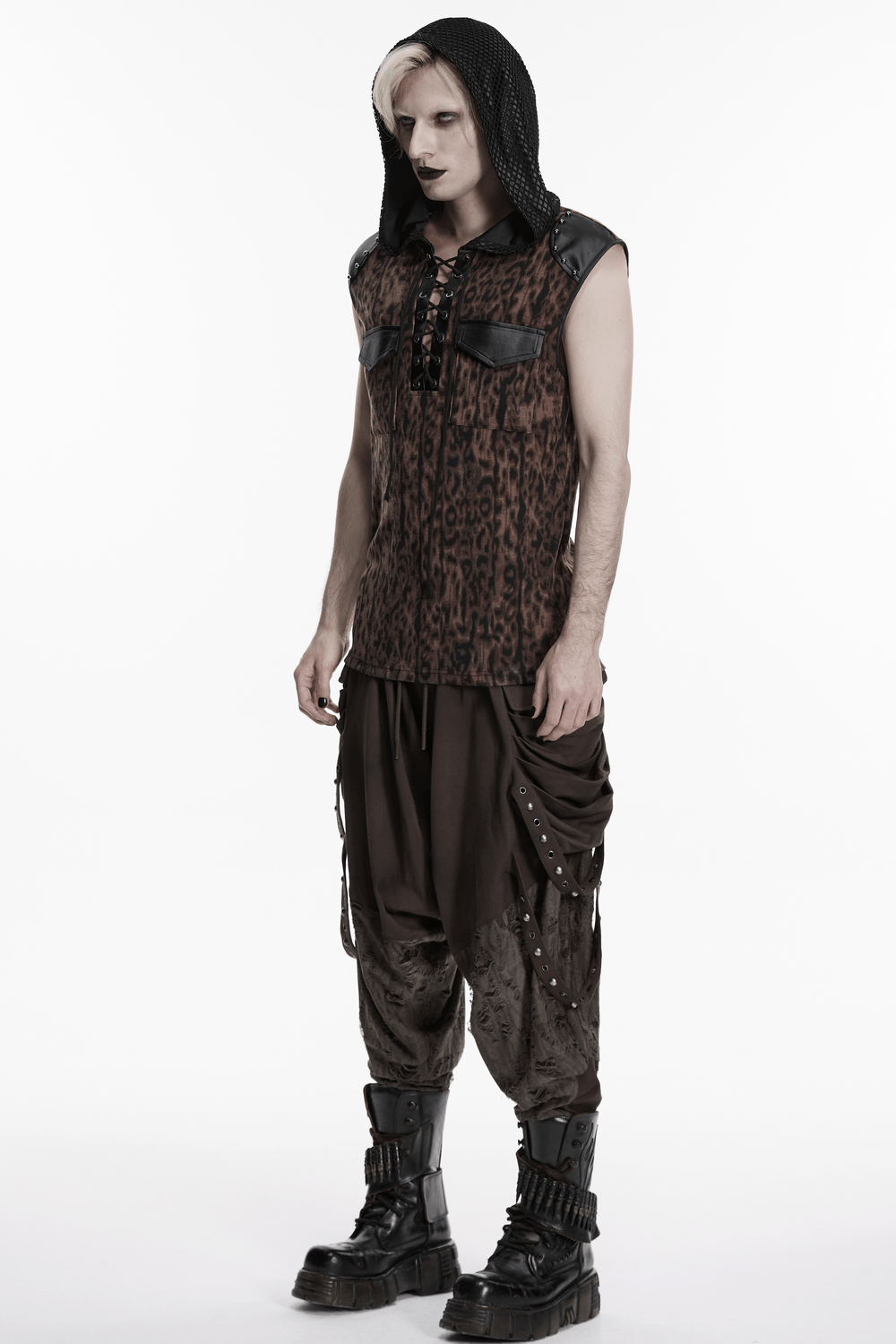 Sleeveless Leopard Hooded Punk Mesh Lace-Up Top worn by a model showcasing alternative streetwear style.