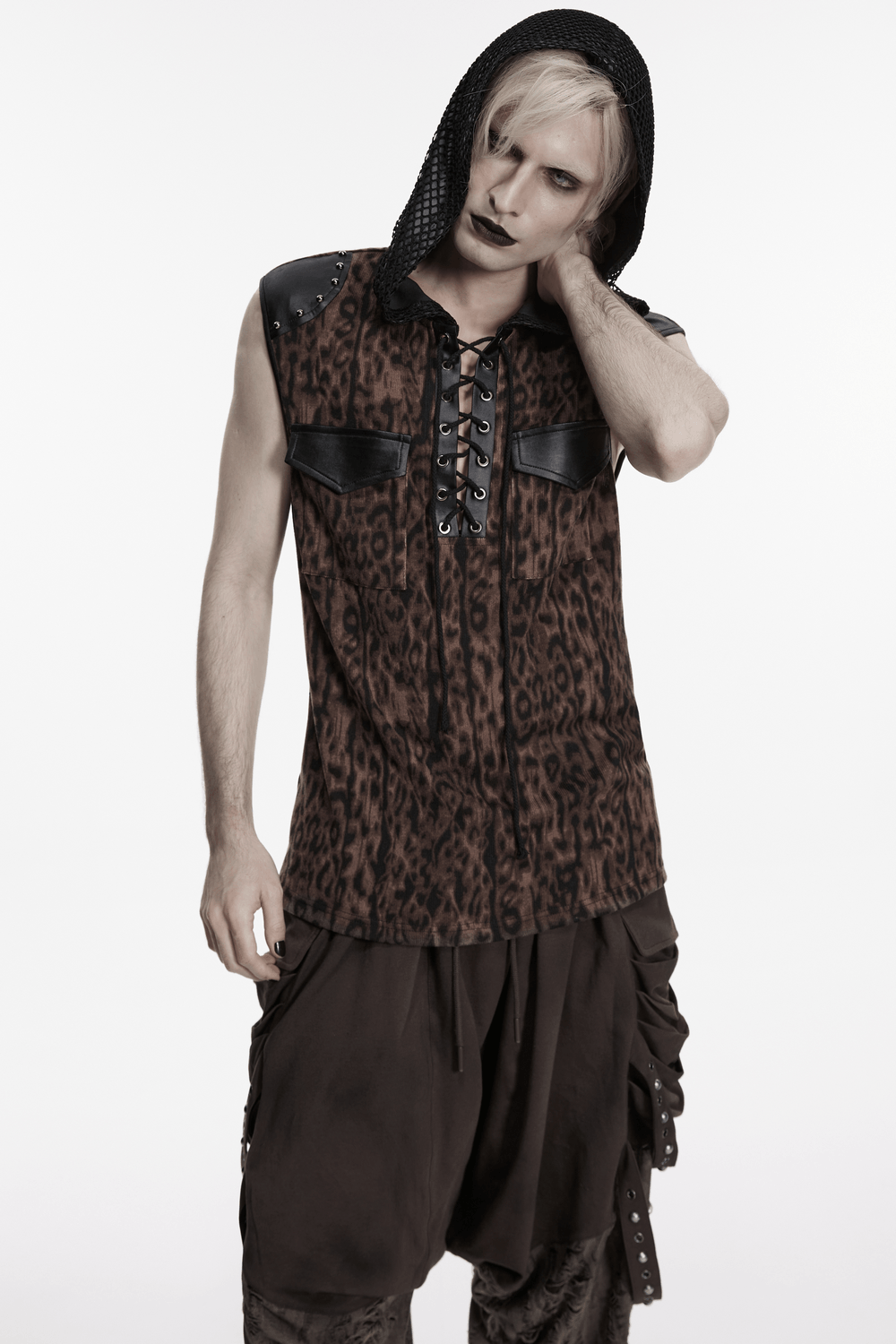 Model wearing a Sleeveless Leopard Hooded Punk Mesh Lace-Up Top with studs and lace-up front.