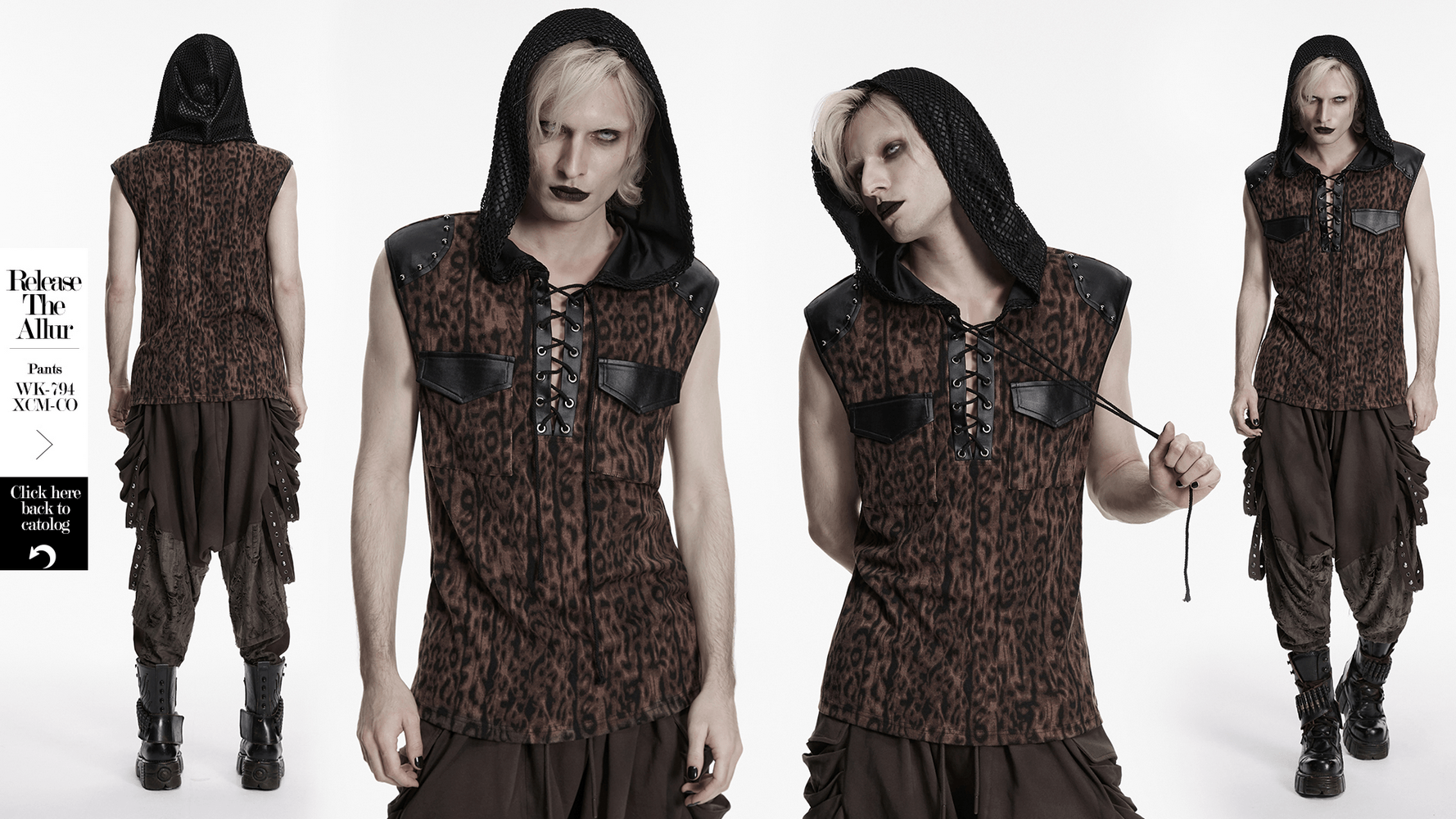 Sleeveless Leopard Hooded Punk Mesh Lace-Up Top worn by a model showcasing its edgy design and unique features.