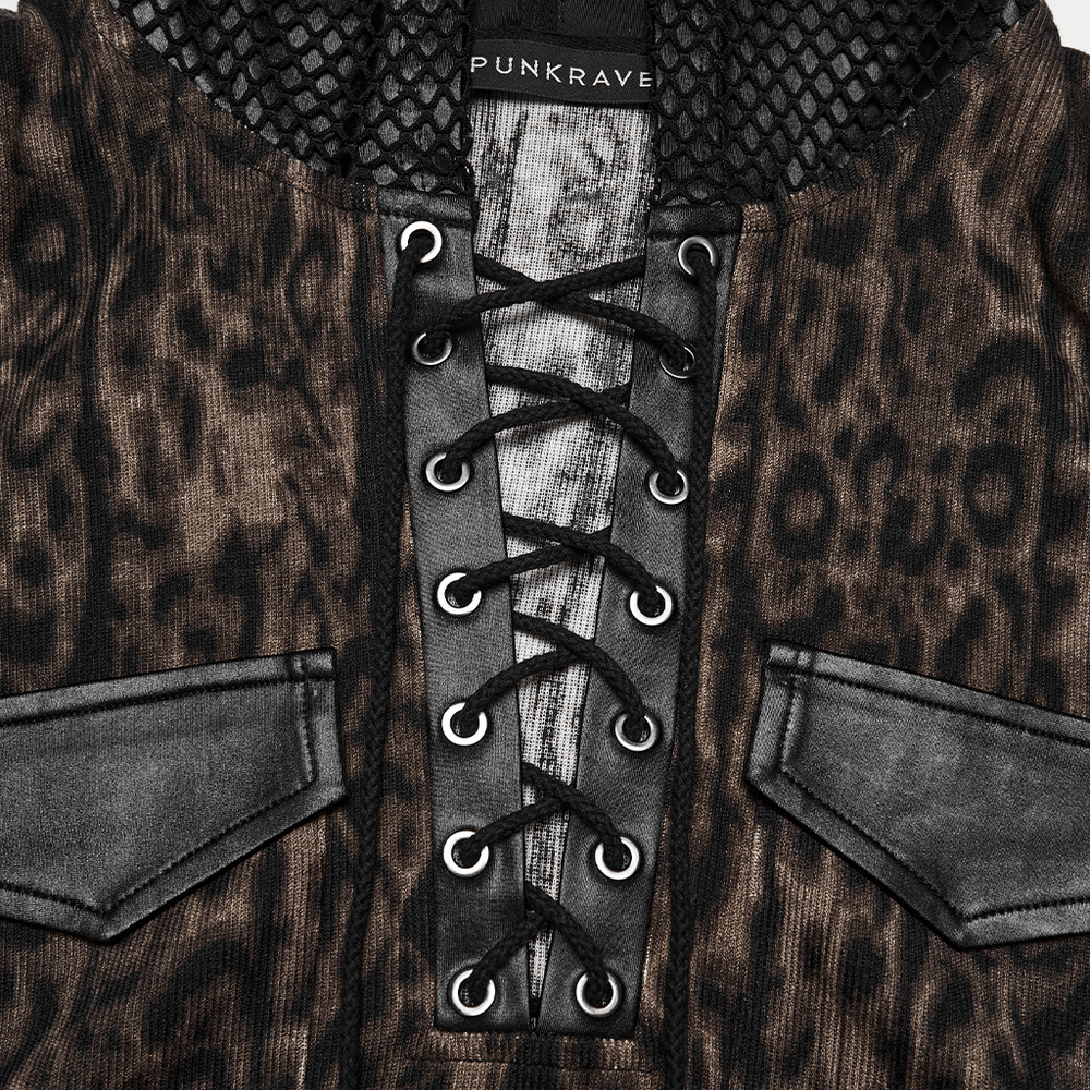 Sleeveless Leopard Hooded Punk Mesh Lace-Up Top showcasing lace-up front and flap pockets in leopard print design.