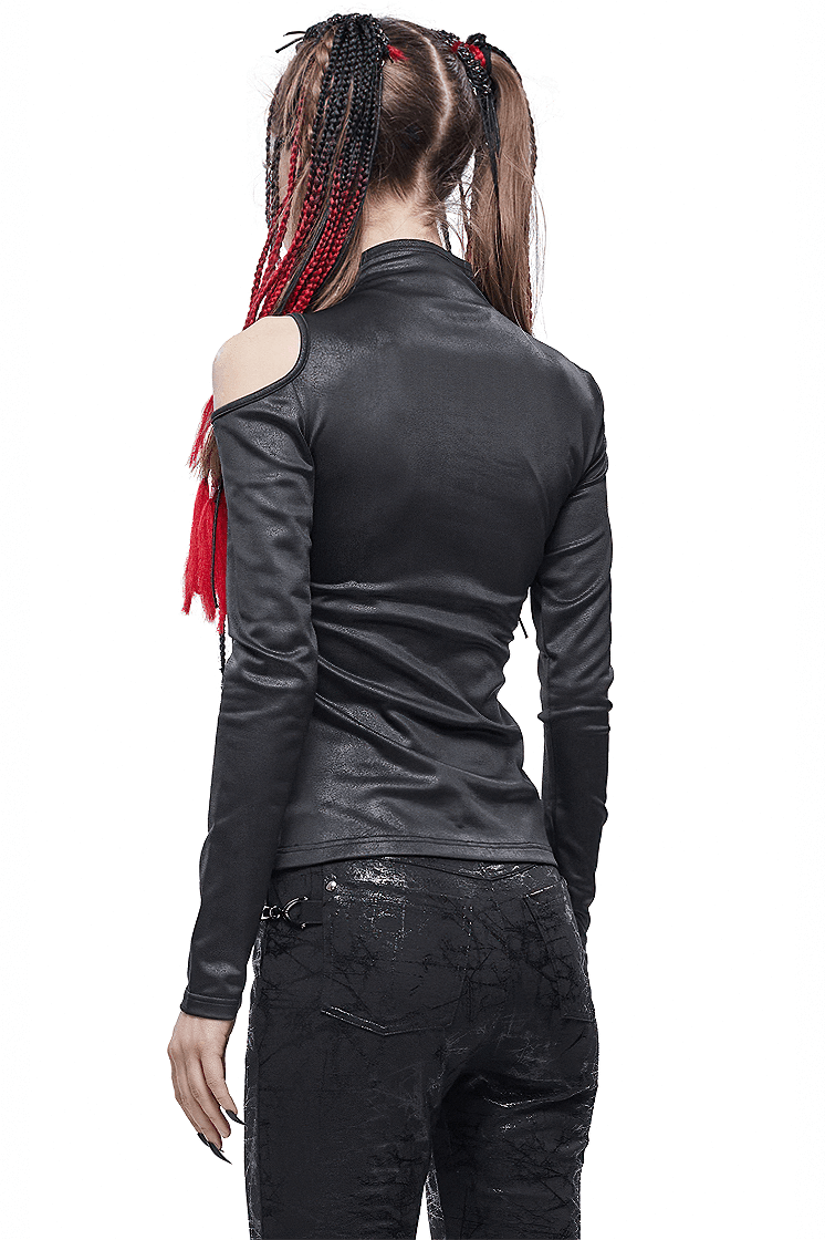 Back view of a women’s gothic black long sleeve slim cutout top with stylish shoulder cutouts.