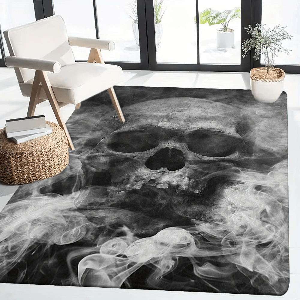 Smoked Skull Gothic Area Rug for Dark Interiors displayed in a stylish living room setting with swirling smoke artwork.