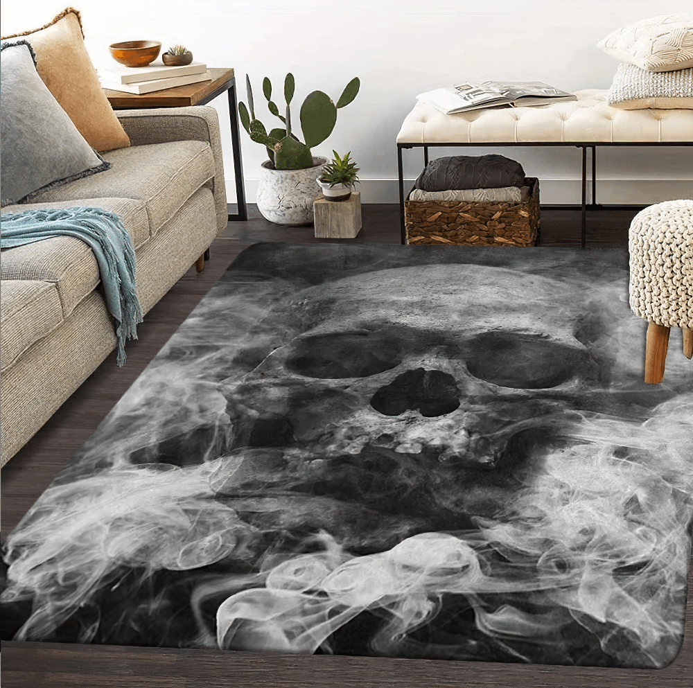 Smoked Skull Gothic Area Rug for Dark Interiors in a stylish living room with swirling smoke design.