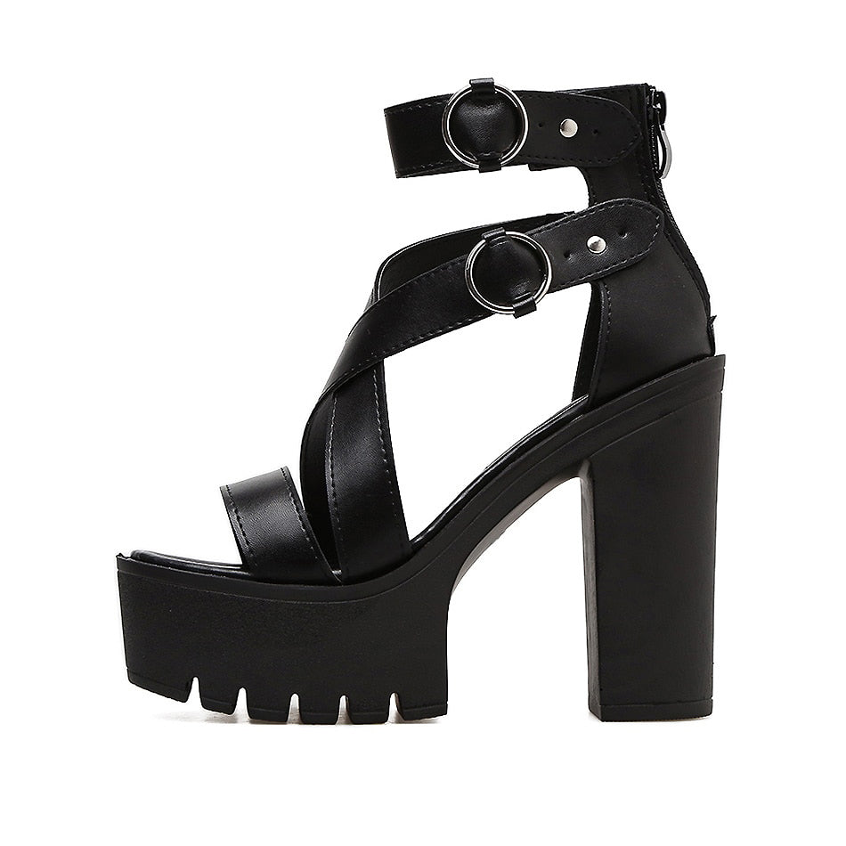 Solid Platform Women Sandals / Gothic High Heels Gladiator Shoes with Buckles - HARD'N'HEAVY