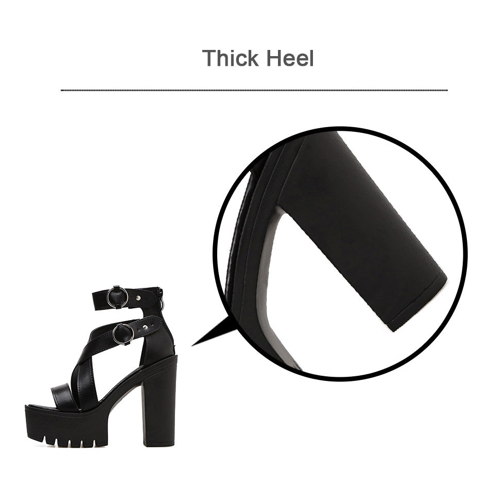 Solid Platform Women Sandals / Gothic High Heels Gladiator Shoes with Buckles - HARD'N'HEAVY