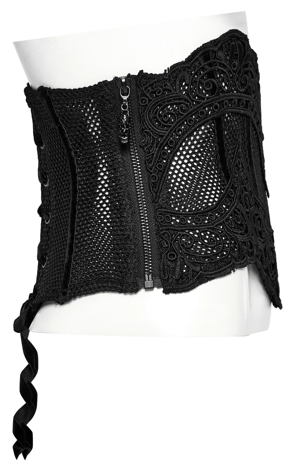 Elegant black gothic lace-up mesh corset belt with side zipper and velvet ribbon for an edgy silhouette.
