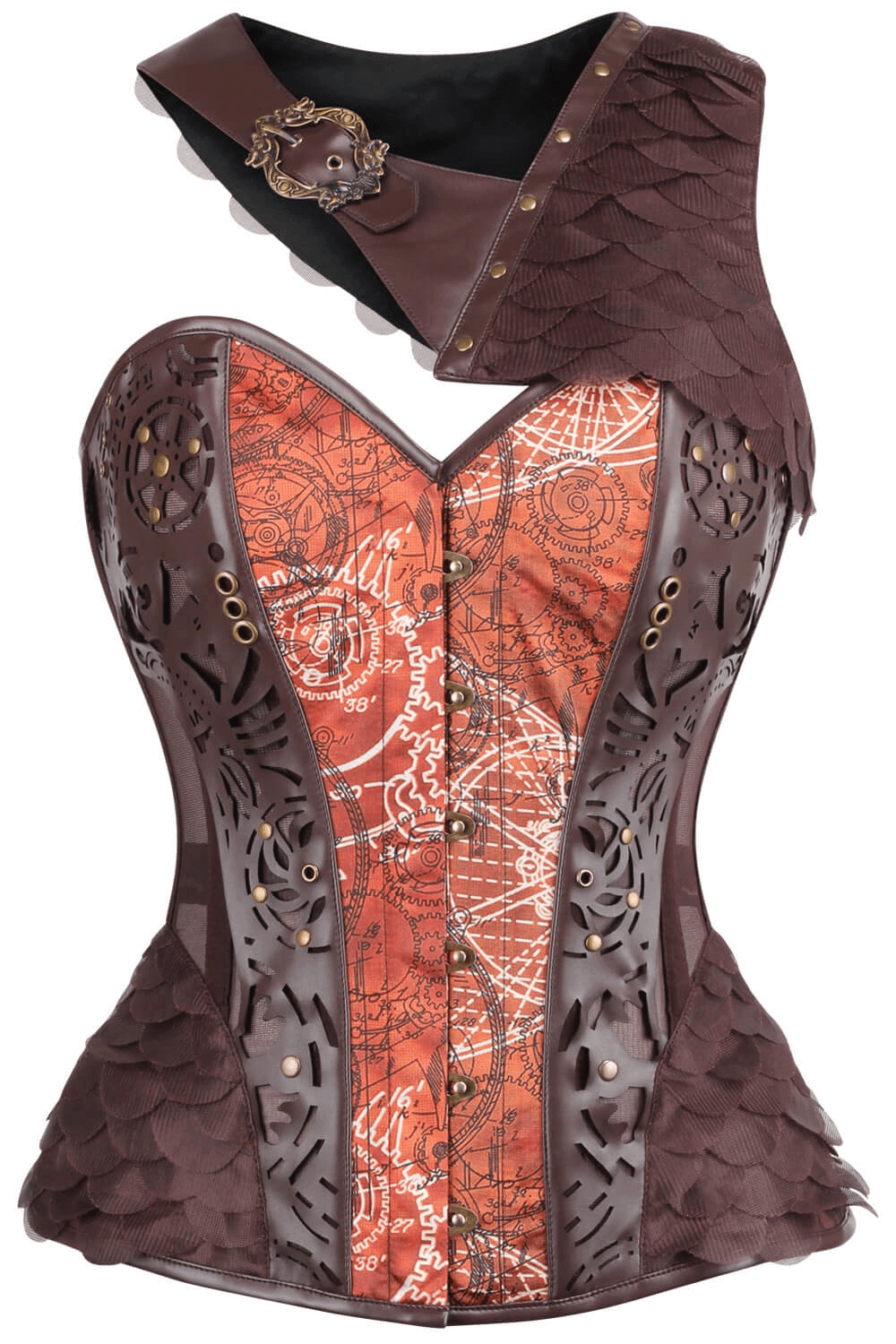 Alt Tag: Steampunk Print Overbust Corset with Scale Shrug, gear-print bustier with steel boning, front busk, back lacing, buckle shrug