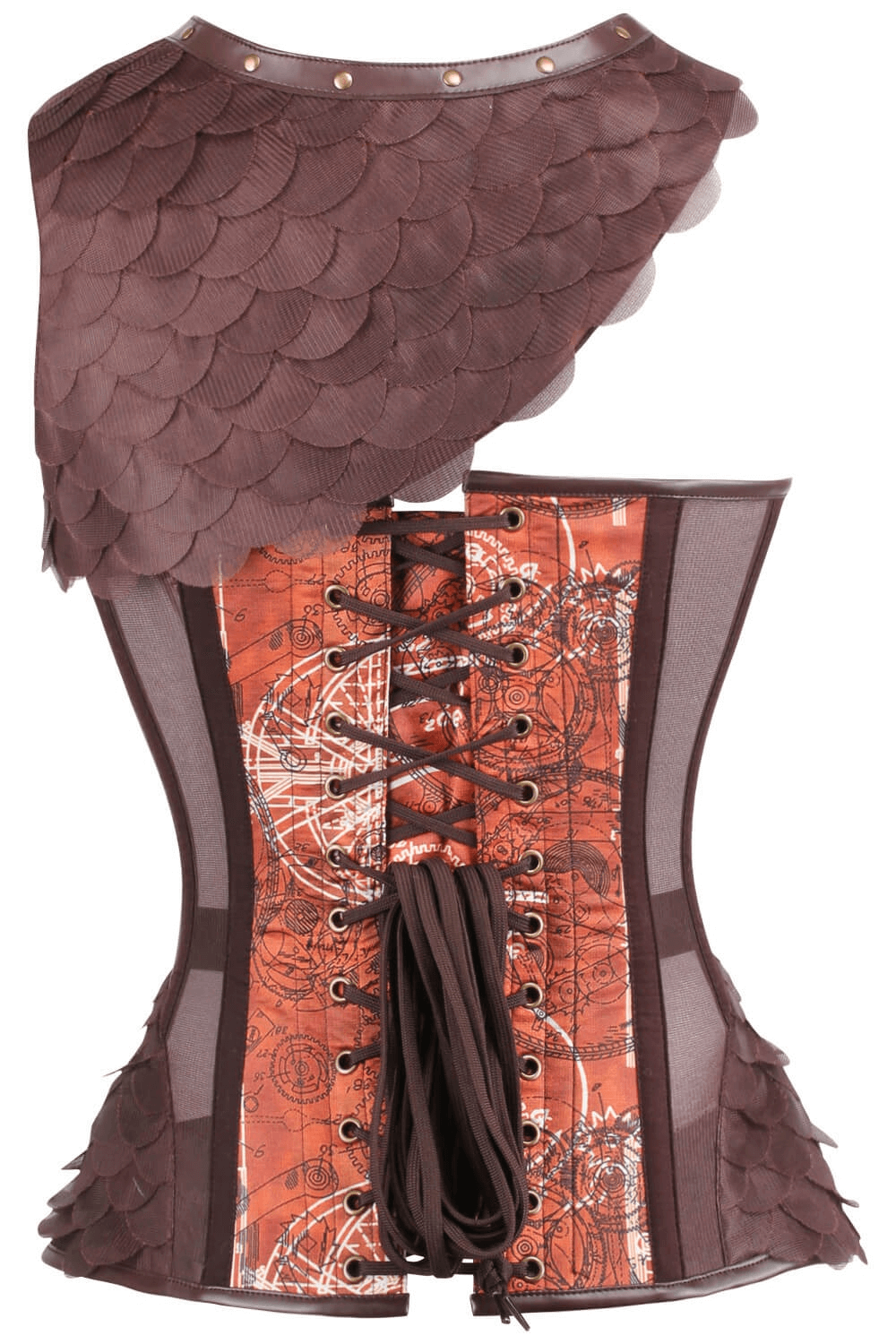 Alt Tag: Steampunk Print Overbust Corset with Scale Shrug, gear print panels, steel boning, back lacing and scale-textured shrug
