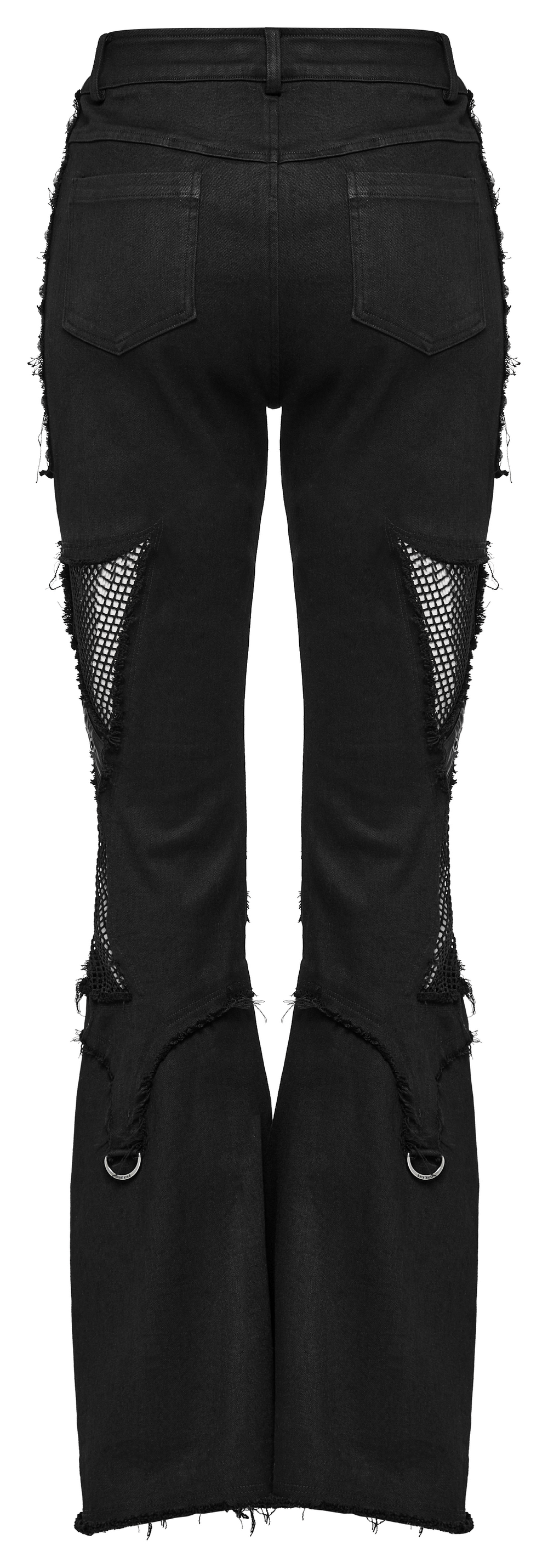 Stylish black destroyed punk cross flare jeans with mesh details and frayed edges for an edgy look.
