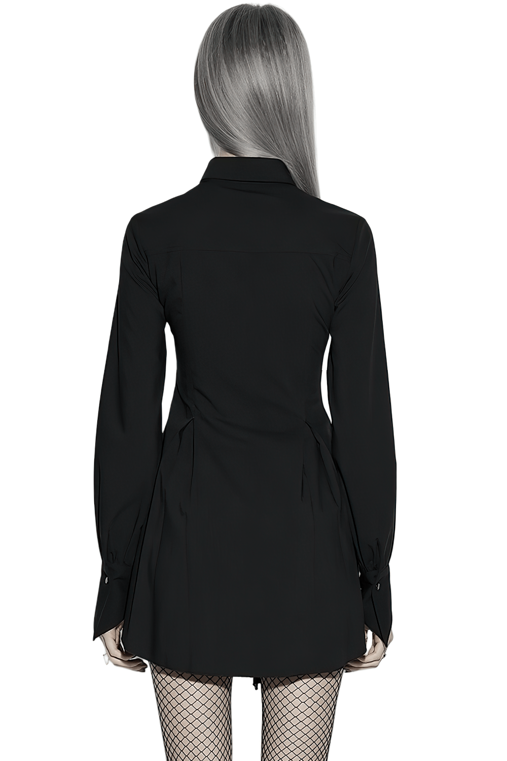 Alt Tag: Stylish Black Gothic Asymmetrical Punk Shirt-Dress back view with swallow-tail sleeves, pointed collar, and asymmetrical hem