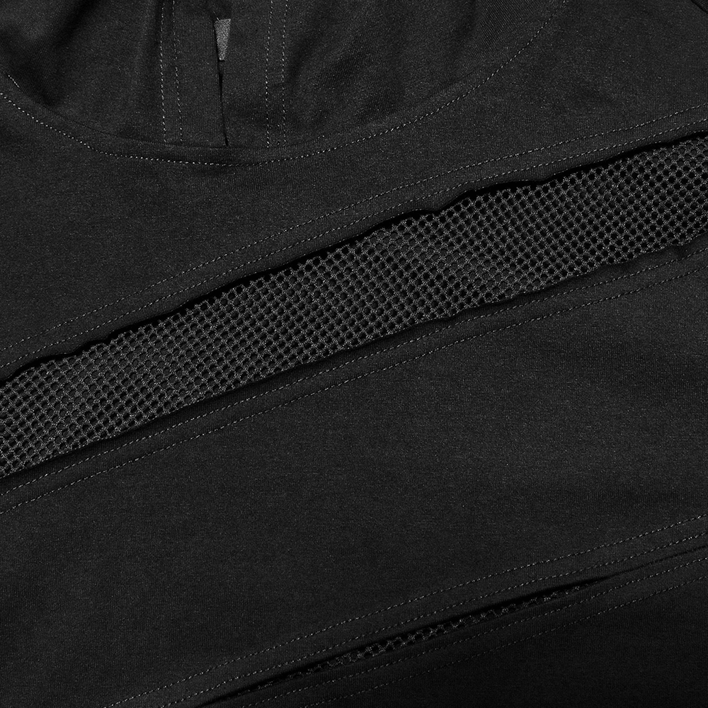 Close-up of stylish black mesh spliced punk hooded T-shirt showcasing edgy design and textured fabric.