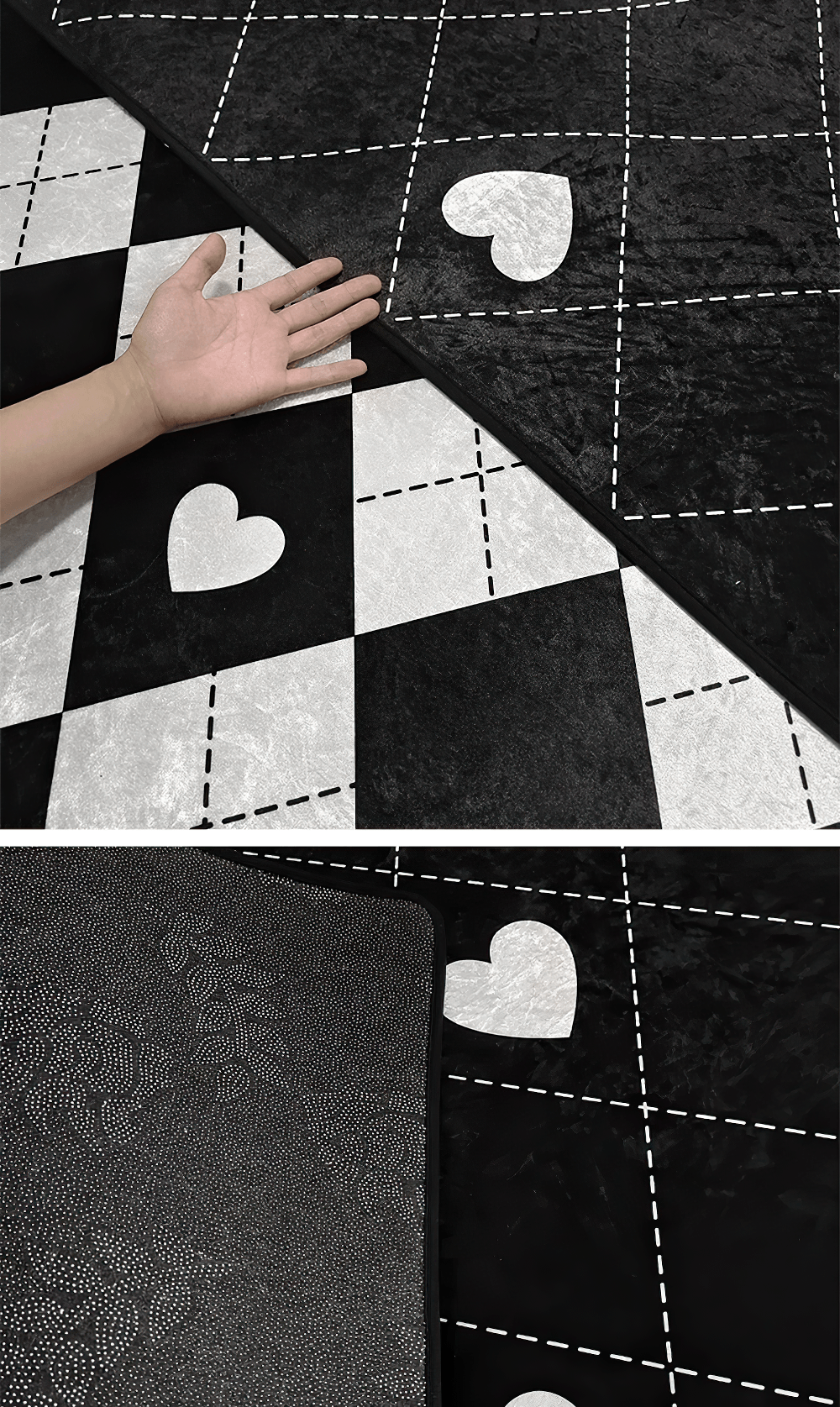 Stylish Dark Gothic Playing Card Checkered Area Rug close-up showing heart and checkerboard design