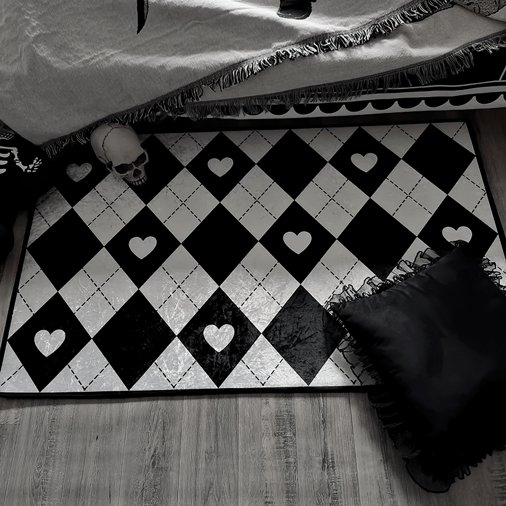 Stylish Dark Gothic Playing Card Checkered Area Rug with hearts and checkered pattern on the floor.