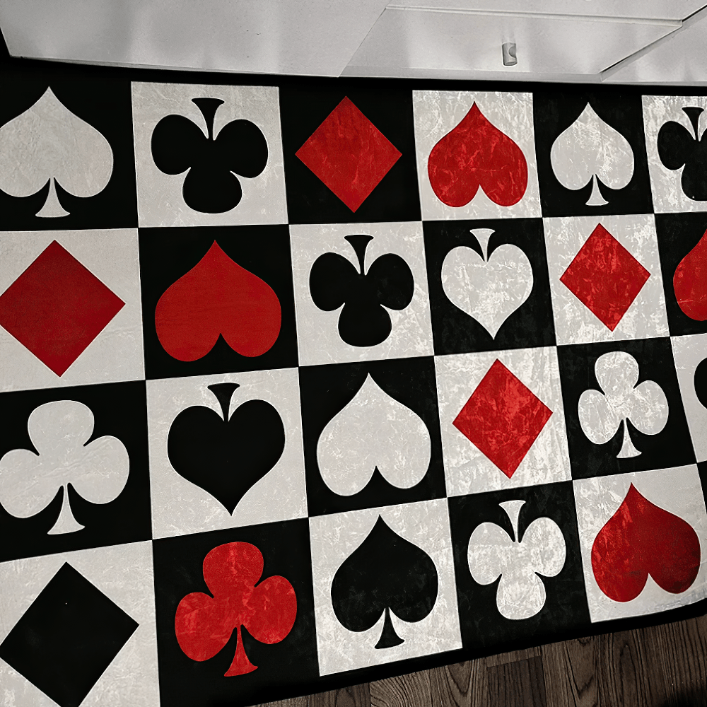 Stylish Dark Gothic Playing Card Checkered Area Rug with bold hearts, spades, clubs, and diamonds in a checkerboard design.
