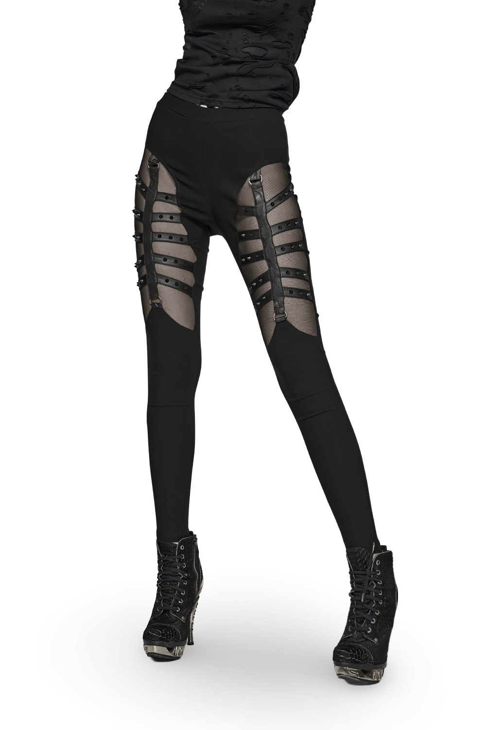 Stylish punk black mesh panel studded leggings, perfect for edgy festival or concert looks, featuring a sexy split design.