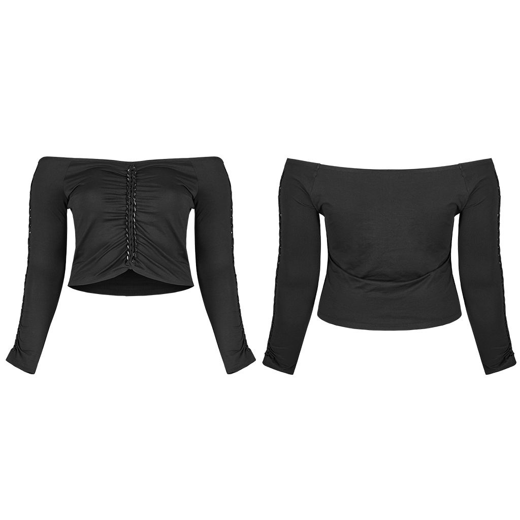 Stylish black women's knit crop top with off-the-shoulder design and edgy chain details on the sleeves.