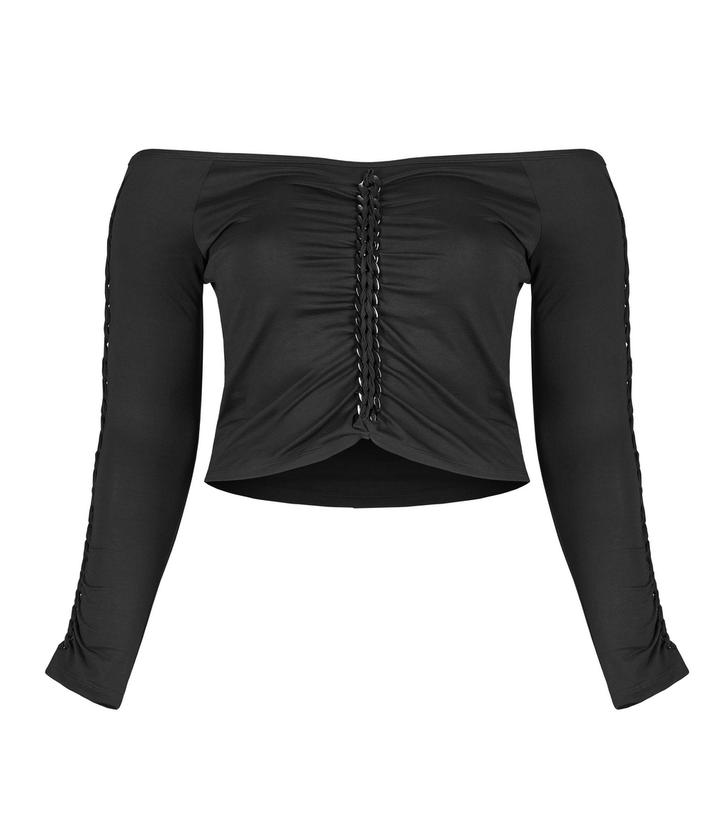 Stylish women's black knit crop top with long sleeves and edgy chain detailing, perfect for a gothic-inspired outfit.