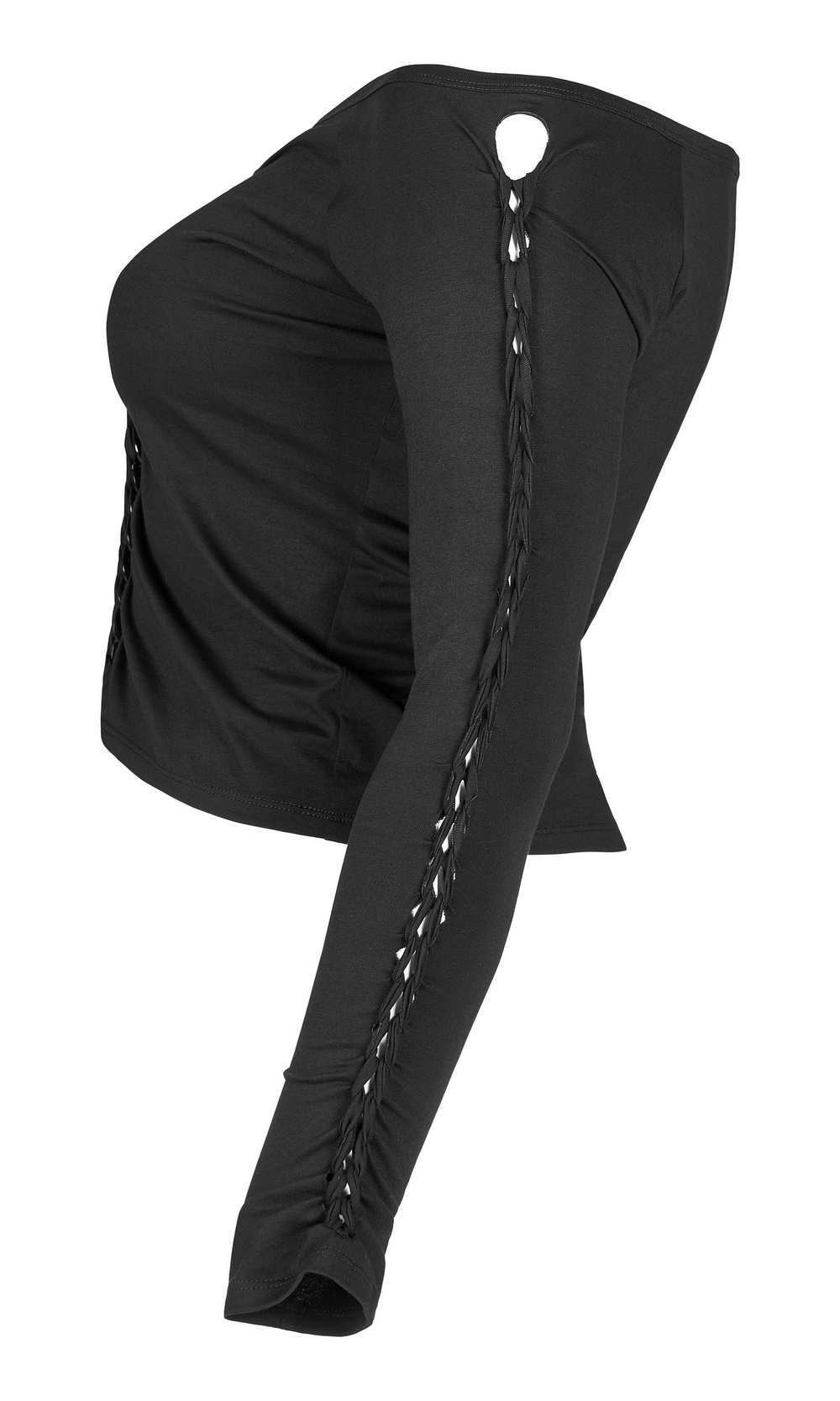Stylish women's gothic knit crop top with chain details and unique woven sleeve designs.