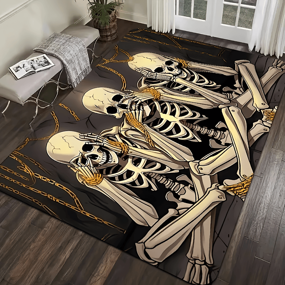 Three Skeleton Gothic Skull Chain Area Floor Rug featuring three skeletal figures on a dark, moody backdrop.