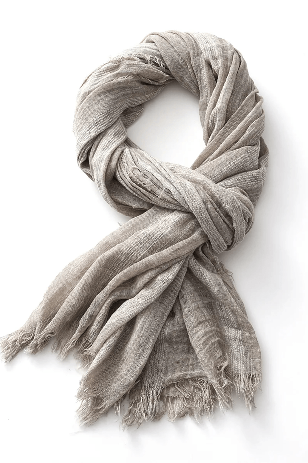 Unisex Cotton Linen Striped Scarf with Frayed Edges in khaki, showcasing lightweight texture and stylish frayed finish.
