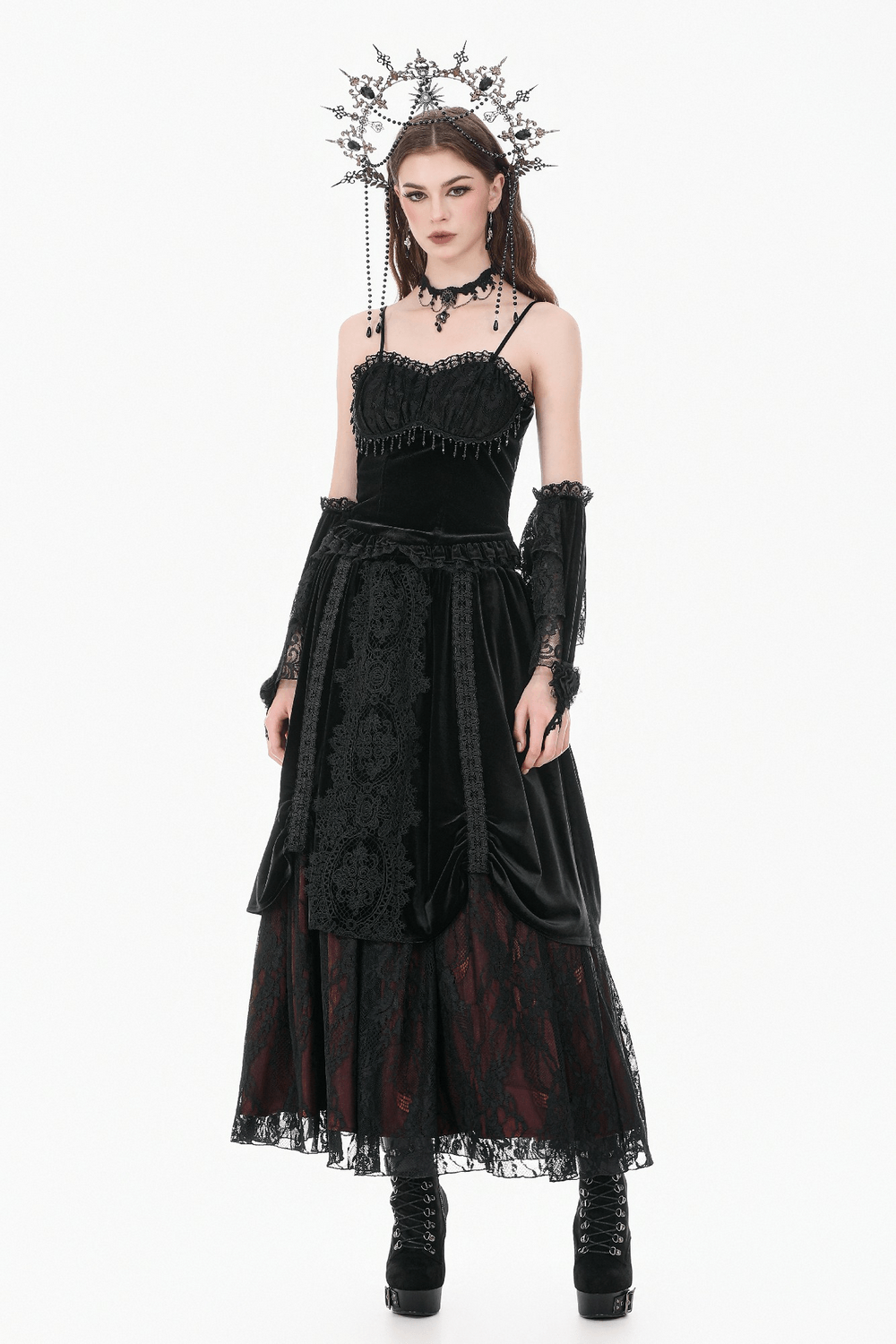 Victorian Floral Lace Arm Warmers for Alternative Styling worn with a gothic black dress and dramatic accessories.