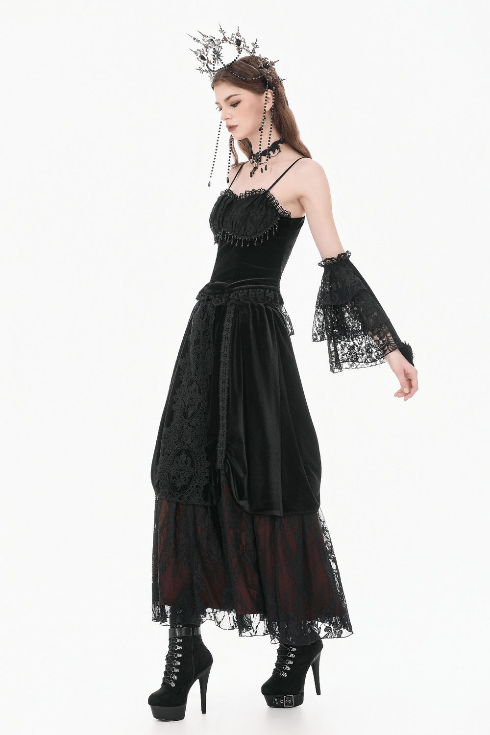 Victorian Floral Lace Arm Warmers for Alternative Styling worn with a goth ensemble, featuring layered lace and dramatic flair.