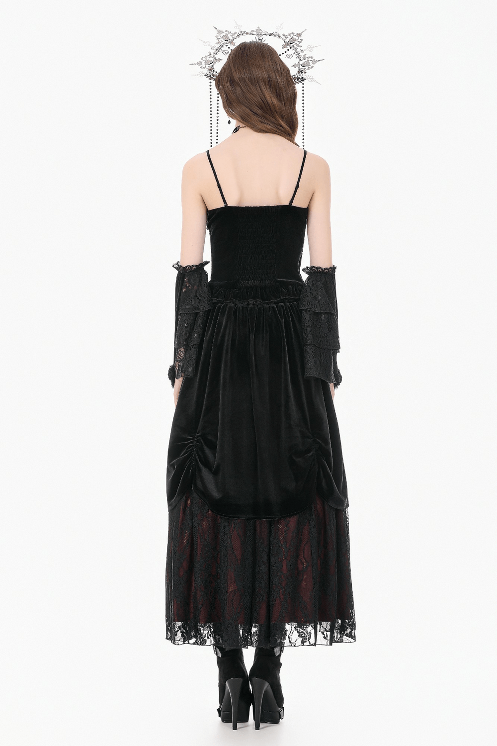 Victorian Floral Lace Arm Warmers for Alternative Styling worn with a black velvet dress, showcasing gothic elegance and layered lace.