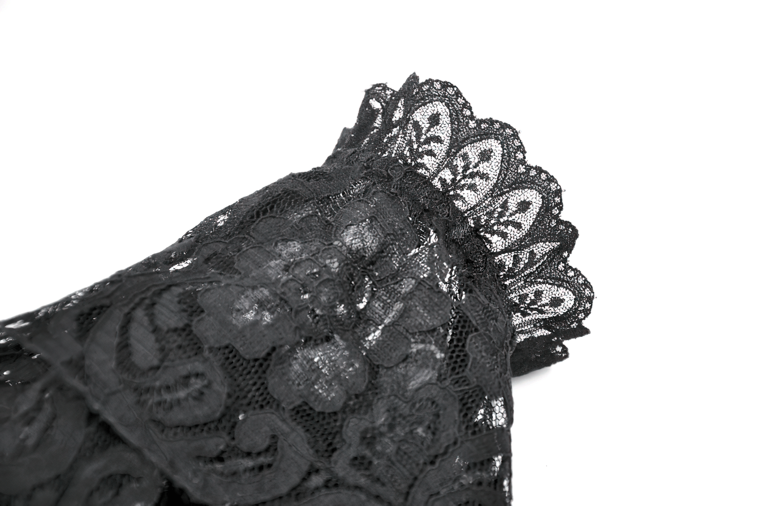 Victorian Floral Lace Arm Warmers for Alternative Styling with intricate black lace and scalloped edges.