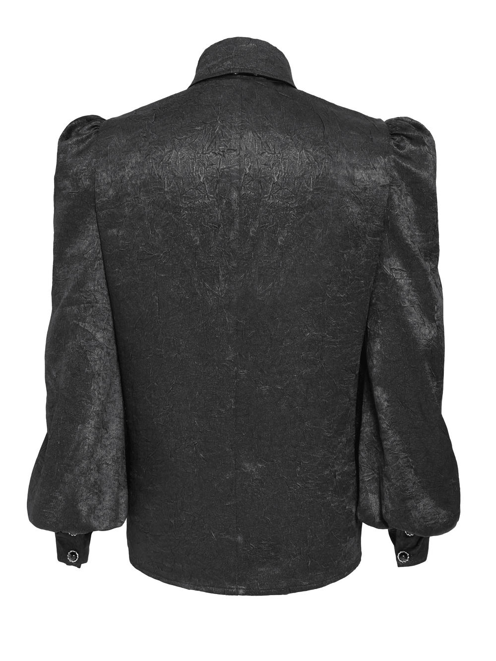 Back view of the Victorian Goth Button Shirt With Cameo and Cross Brooch showcasing puff sleeves and textured fabric.