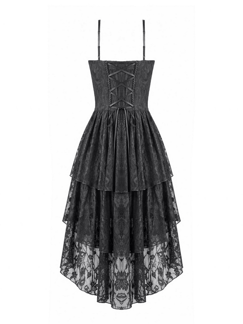 Victorian Goth Tiered Midi Dress With Sheer Floral Skirt showcasing a black lace design and dramatic high low silhouette.
